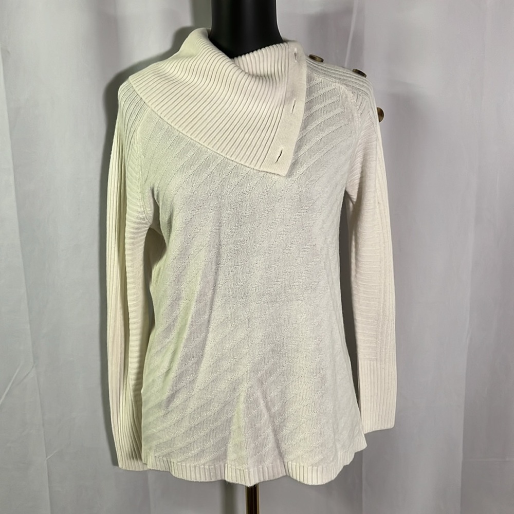 Liz Claiborne Ivory Split Turtleneck Button Shoulder Long Sleeve Sweater